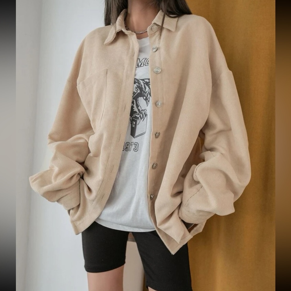 Pocket Patched Drop Shoulder Button Down Corduroy Shirt